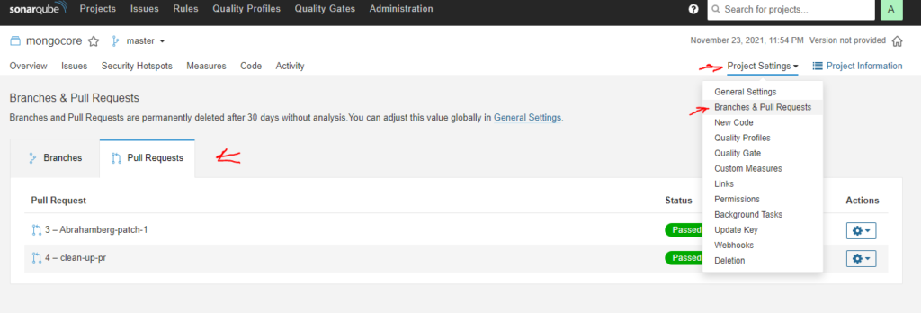 SonarQube portal Branches and Pull Requests